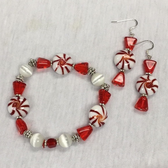 Hand Crafted Jewelry - Peppermint Candy Beaded Bracelet and earrings set